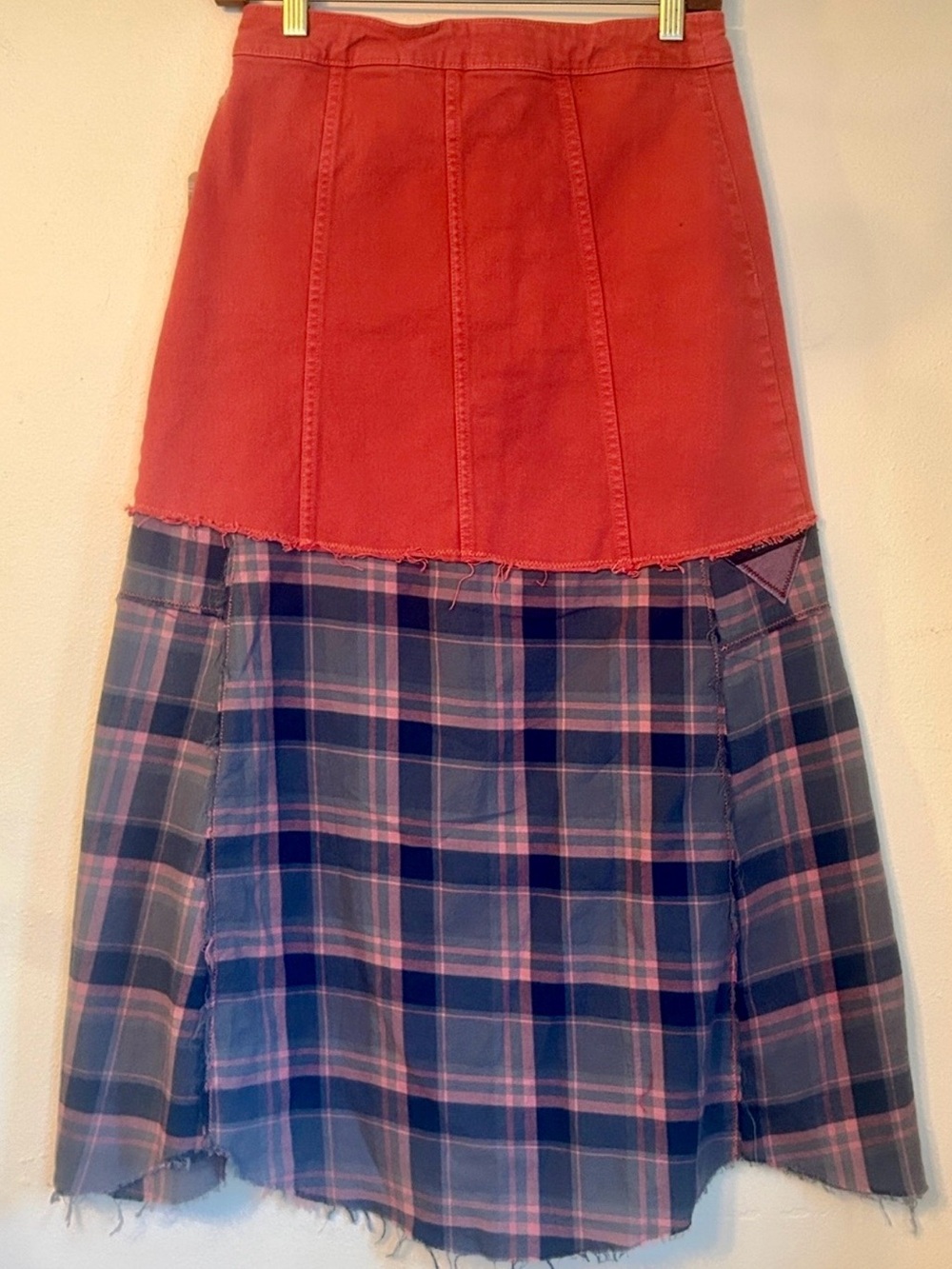 Upcycled coral denim and plaid button shirt skirt - Picture 2 of 8